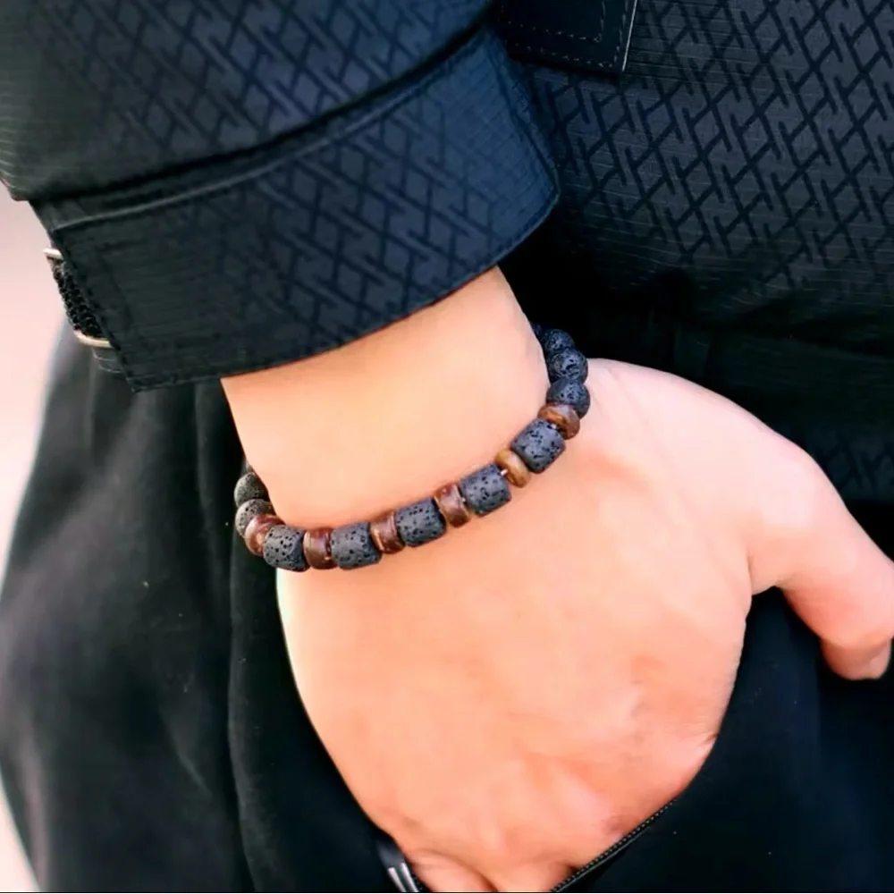 Mens Wood Bracelet Natural Volcanic Beads